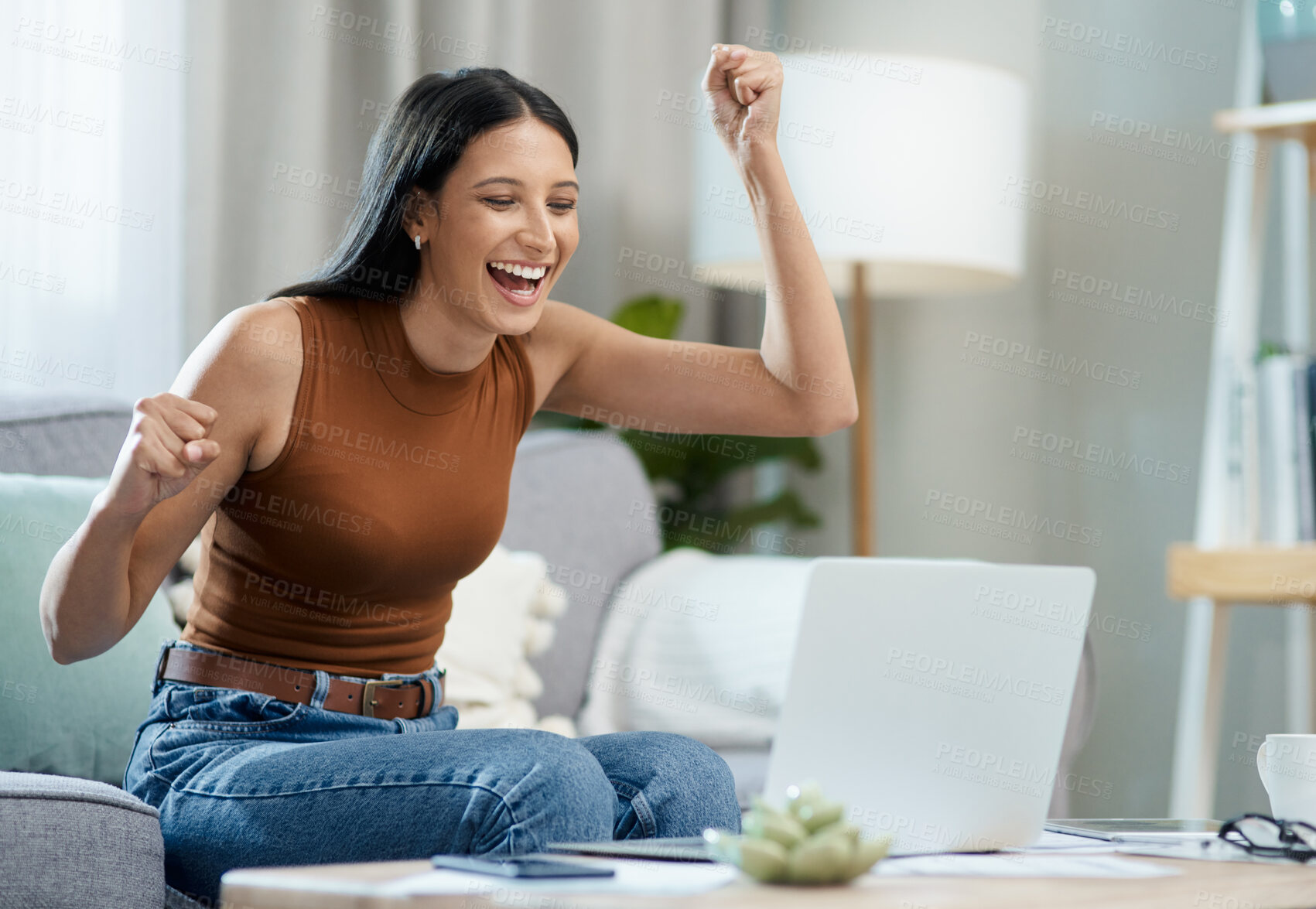 Buy stock photo Woman, winner and yes on laptop and sofa for online education, e learning or virtual school results at home. Excited student with fist, cheers and reading email or news of winning on her computer