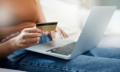 Buy stock photo Laptop, credit card and hands for home online shopping, e commerce and digital payment or order on sofa. Relax person typing on computer for internet banking, subscription or registration for a loan