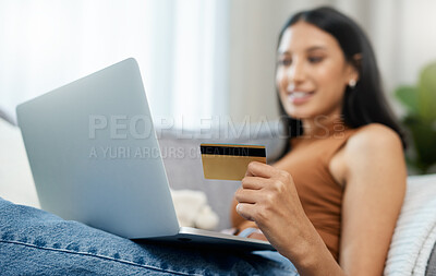 Buy stock photo Laptop, credit card and woman on sofa for online shopping, e commerce and digital payment or order at home. Relax person on computer with internet banking, security numbers or registration for a loan