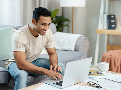 Buy stock photo Laptop, typing and man on sofa for remote work, working from home and freelance career. Happy, living room and person on computer writing email for website, online planning and research project