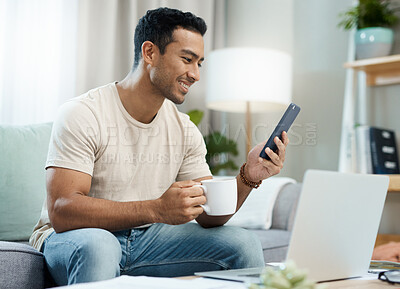 Buy stock photo Phone, remote work and man on sofa and laptop for communication, contact and online chat. Computer, technology and person on smartphone for networking, social media and freelance blog with coffee
