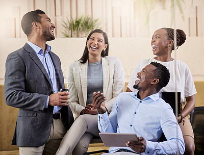 Buy stock photo Shot of a group of coworkers using a digital tablet during a business meeting