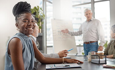 Buy stock photo Shot of a young businesswoman in a meeting at work