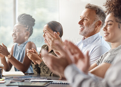 Buy stock photo Shot of a group of businesspeople clapping hands in a boardroom at work