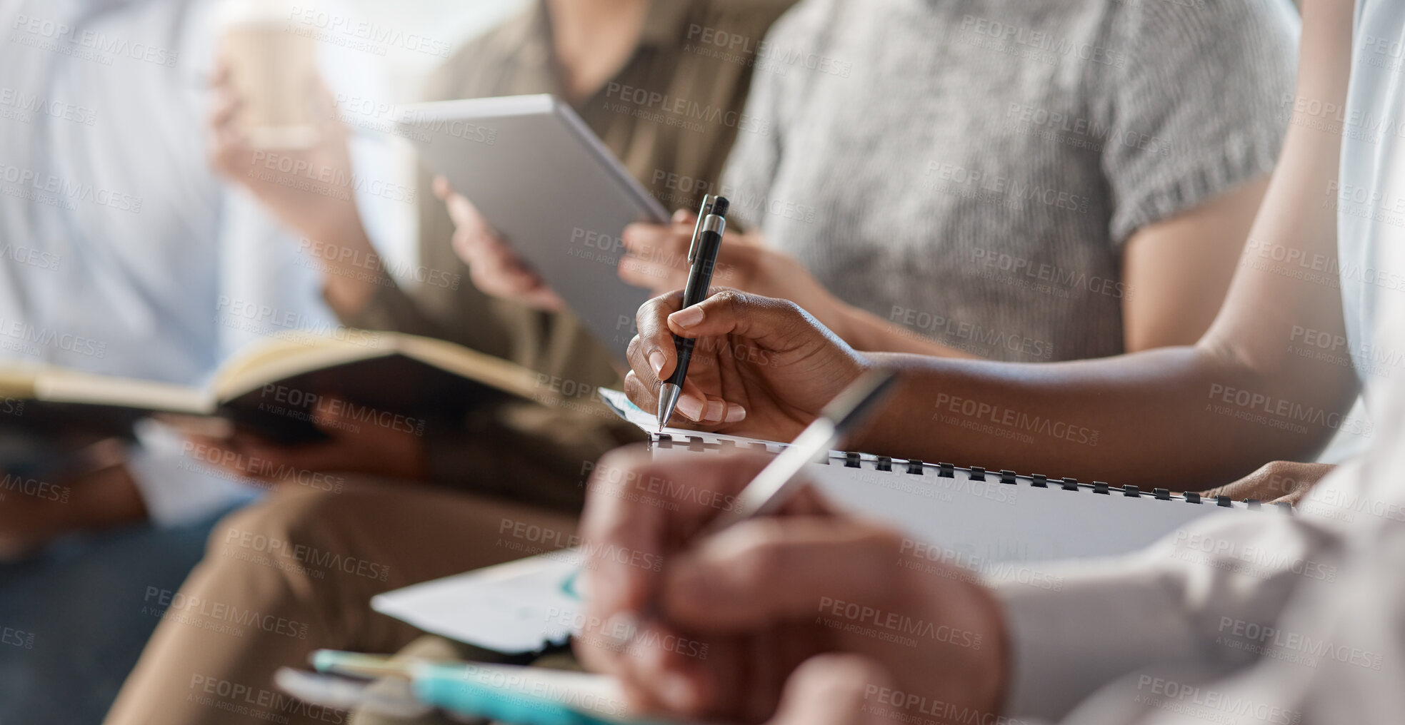 Buy stock photo Hands, writing and team with paperwork in conference, presentation or plan for financial development. Corporate, people and collaboration for business growth, meeting and notes for training session