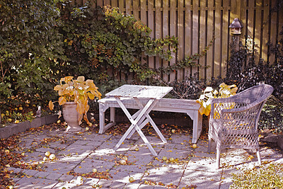 Buy stock photo Cozy garden area for coffee and reading. Old wooden and forgotten furniture in a stone patio outdoors with copy space. Private location to relax and enjoy alone time in warm summer weather outside