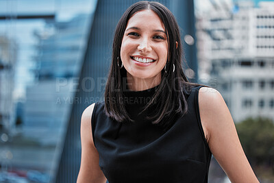 Buy stock photo Cropped portrait of an attractive young businesswoman standing outside on the office balcony