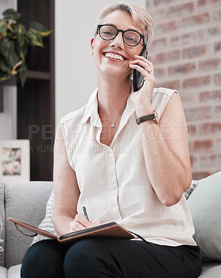 Buy stock photo Portrait on an older woman using a cellphone and looking relaxed on the sofa at home