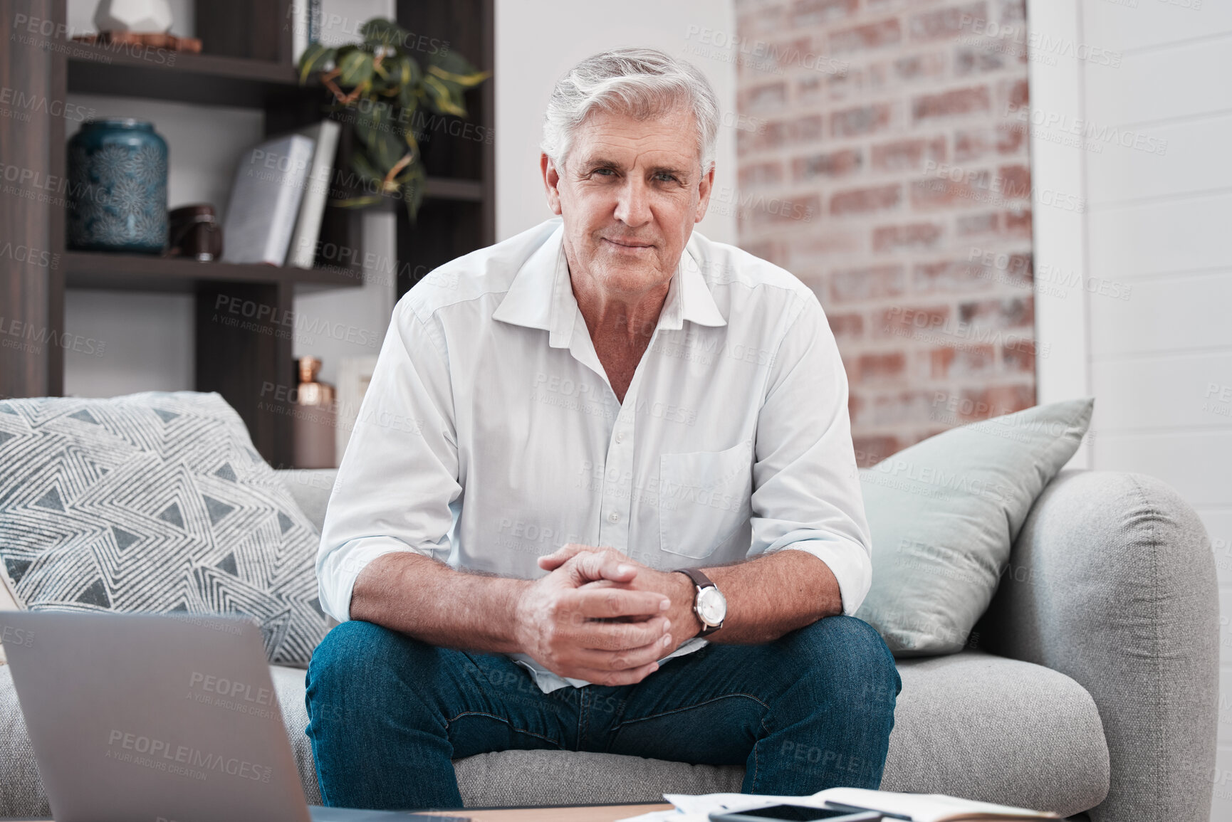Buy stock photo Portrait, mature and businessman on couch with laptop for working from home, email and online company. Male person, happy and technology on sofa for research, reading and streaming for stock market