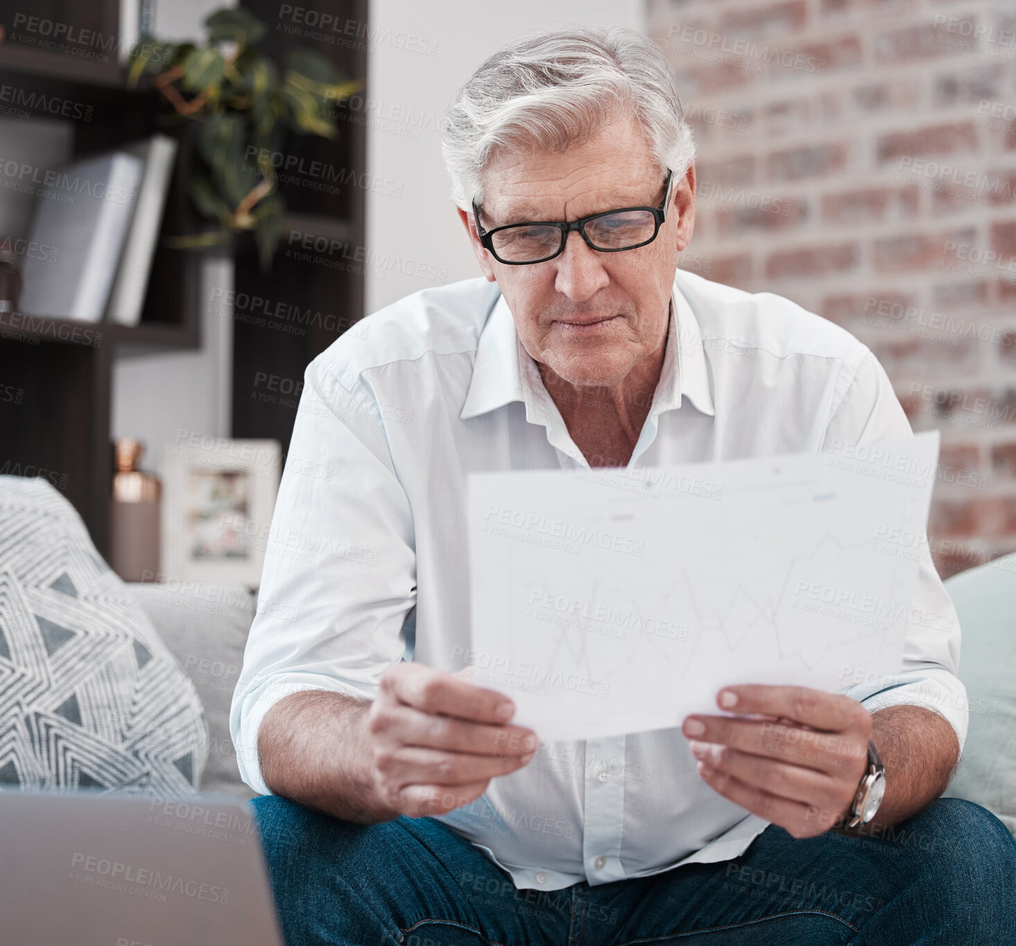 Buy stock photo Senior man, reading documents and financial planning, savings and graphs in home. Retirement, paperwork and male person with invoice, pension or insurance, finance and asset management for investment