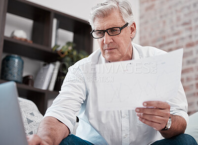 Buy stock photo Senior man, documents and laptop for financial planning, charts and email in home. Computer, paperwork and male remote worker with statistics, analytics or finance, asset management and investment.