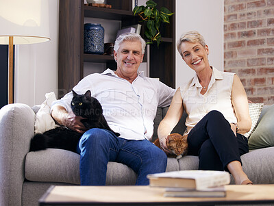 Buy stock photo Portrait, senior couple and cat pets on sofa in living room of home together for retirement. Happy, love or smile with elderly man, woman and animals in apartment for bonding or to relax on weekend