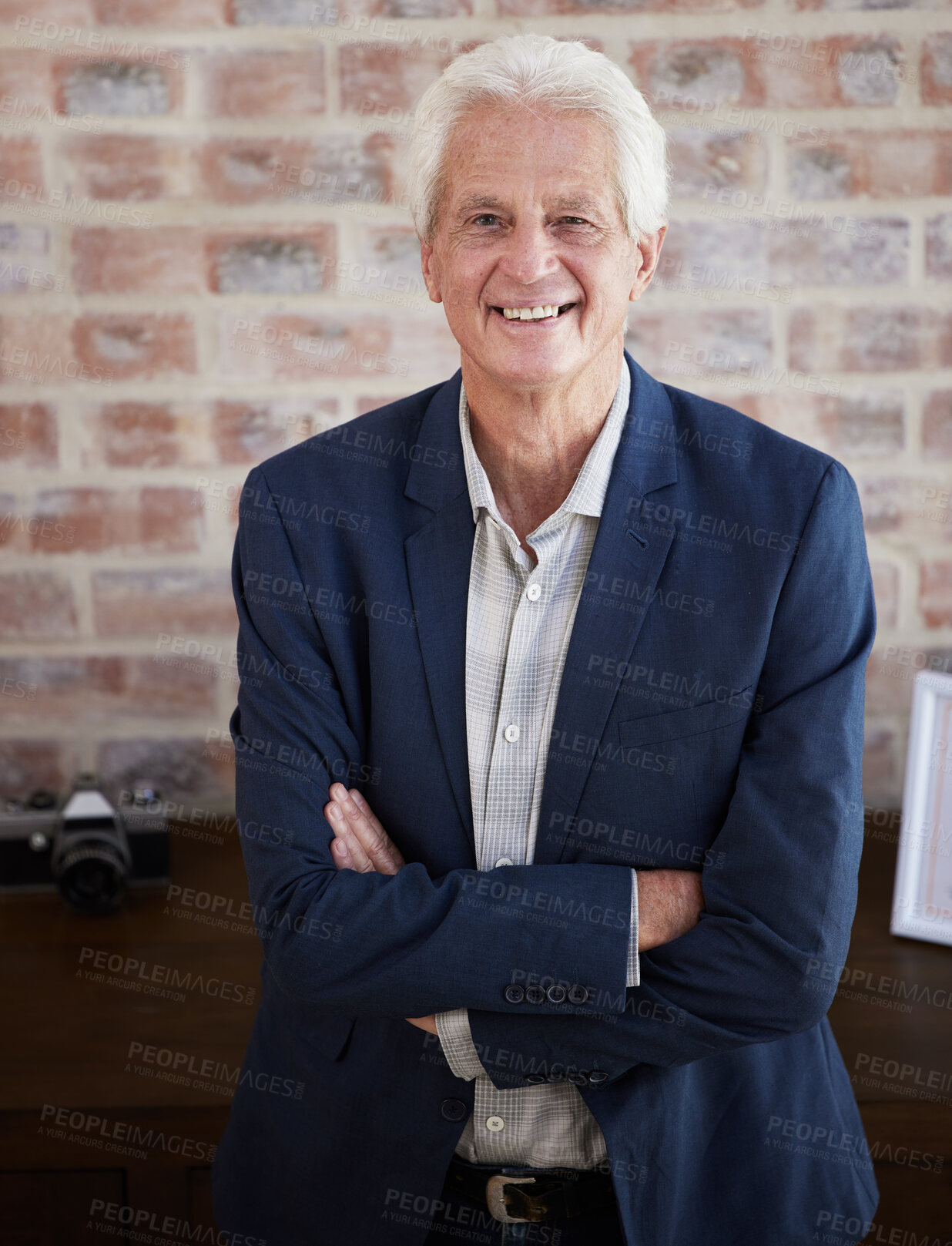 Buy stock photo Senior, businessman and portrait with pride in office for company, business and arms crossed in workplace. Male ceo, leadership and happiness for pension investment and retirement from career