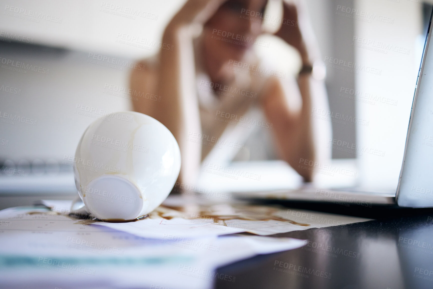 Buy stock photo Laptop, stress and woman spill coffee, mistake or accident in office workplace. Depression, spilling tea and documents, paperwork and person with headache, migraine and error, problem or clumsy.