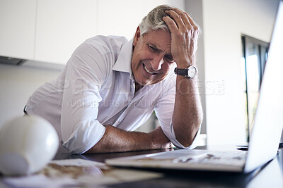 Buy stock photo Crying, stress and business man on computer for anxiety, debt or work from home depression or mental health risk. Depressed, sad financial news or burnout, fatigue and tired senior person on laptop