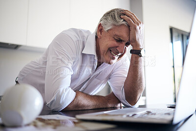 Buy stock photo Sad, stress and business man on laptop for anxiety, debt or work from home depression or mental health risk. Depressed, financial news or burnout, fatigue and tired senior person on computer crying