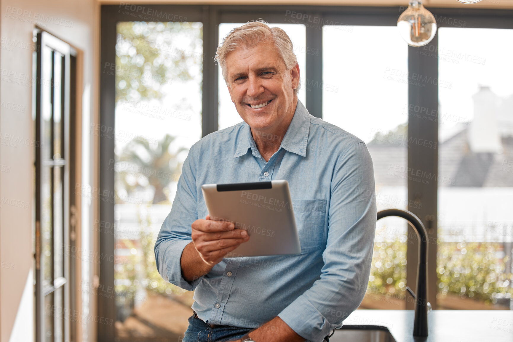 Buy stock photo Portrait, man and real estate agent with tablet in home for  property sale online. Senior, realtor and face smile of person, entrepreneur or male professional from Canada with pride for career or job