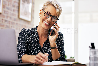 Buy stock photo Phone call, laptop and portrait of woman writing in office with corporate company communication for project. Technology and mature hr manager working on computer and notes with mobile discussion.