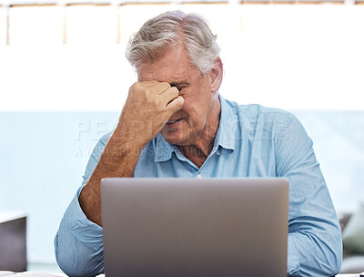 Buy stock photo Businessman, mature and headache with laptop in home office for stress, overworked and tired in workplace. Male freelancer, technology and unhappy for job, mental health and project deadline at desk