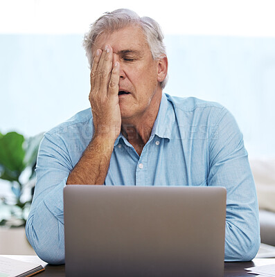 Buy stock photo Mature, businessman and tired with laptop in home office for stress, overworked and burnout in workplace. Male freelancer, technology and unhappy for job, project deadline and mental health at desk