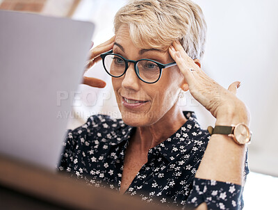 Buy stock photo Stress, frustrated or mature businesswoman on laptop for reading email, bad news or crisis in remote work. Anxiety, home or confused freelancer with 404 error, glitch or problem on web or technology