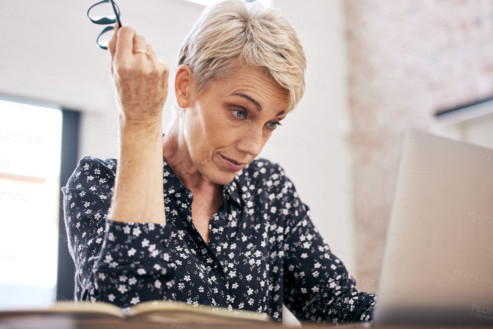 Buy stock photo Glitch, frustrated or mature businesswoman on laptop for reading email, bad news or loss in remote work. Anxiety, home or confused freelancer with 404 error, stress or problem on web or technology