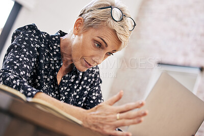 Buy stock photo Stress, frustrated or mature businesswoman on laptop for reading email, bad news or loss in remote work. Anxiety, home or angry account manager with 404 error, glitch or problem on web or technology