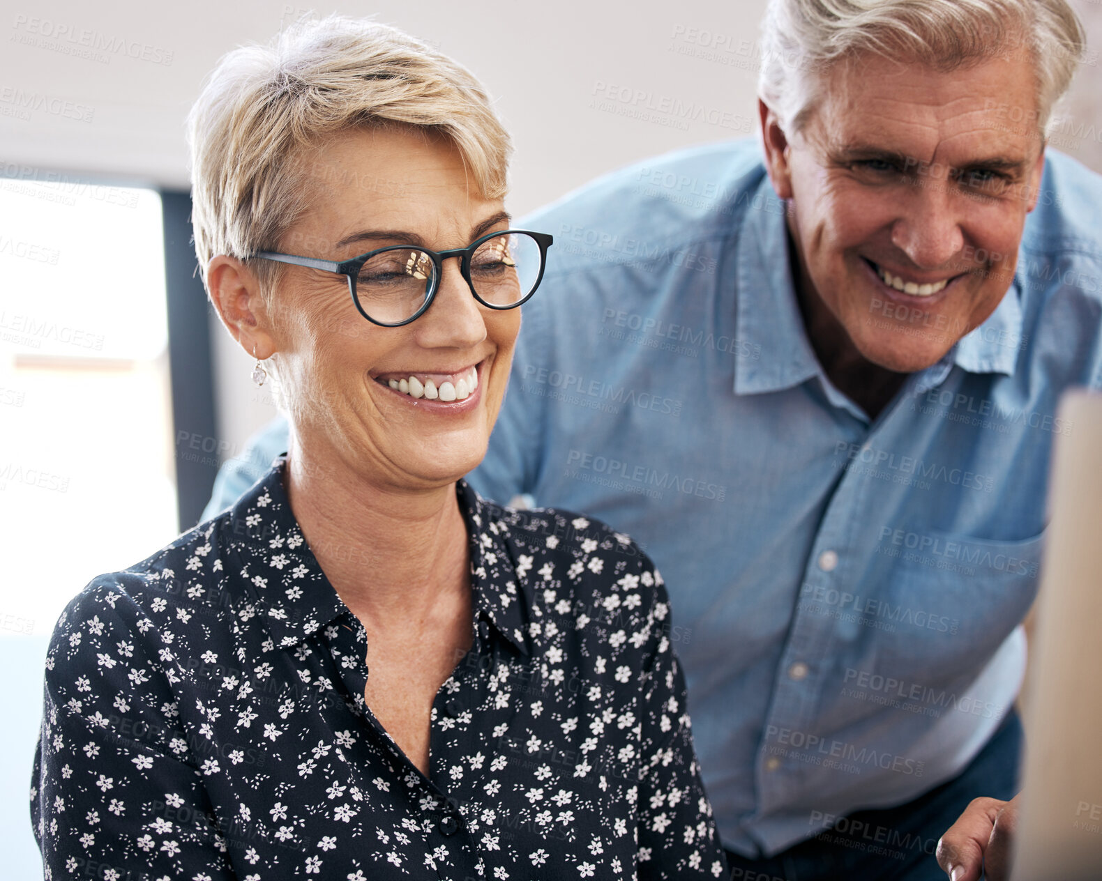 Buy stock photo Mature couple, computer and smiling with choices for retirement, vacation and holiday at home. Woman on laptop, man and excited for destinations for trip, browsing and budgeting in living room