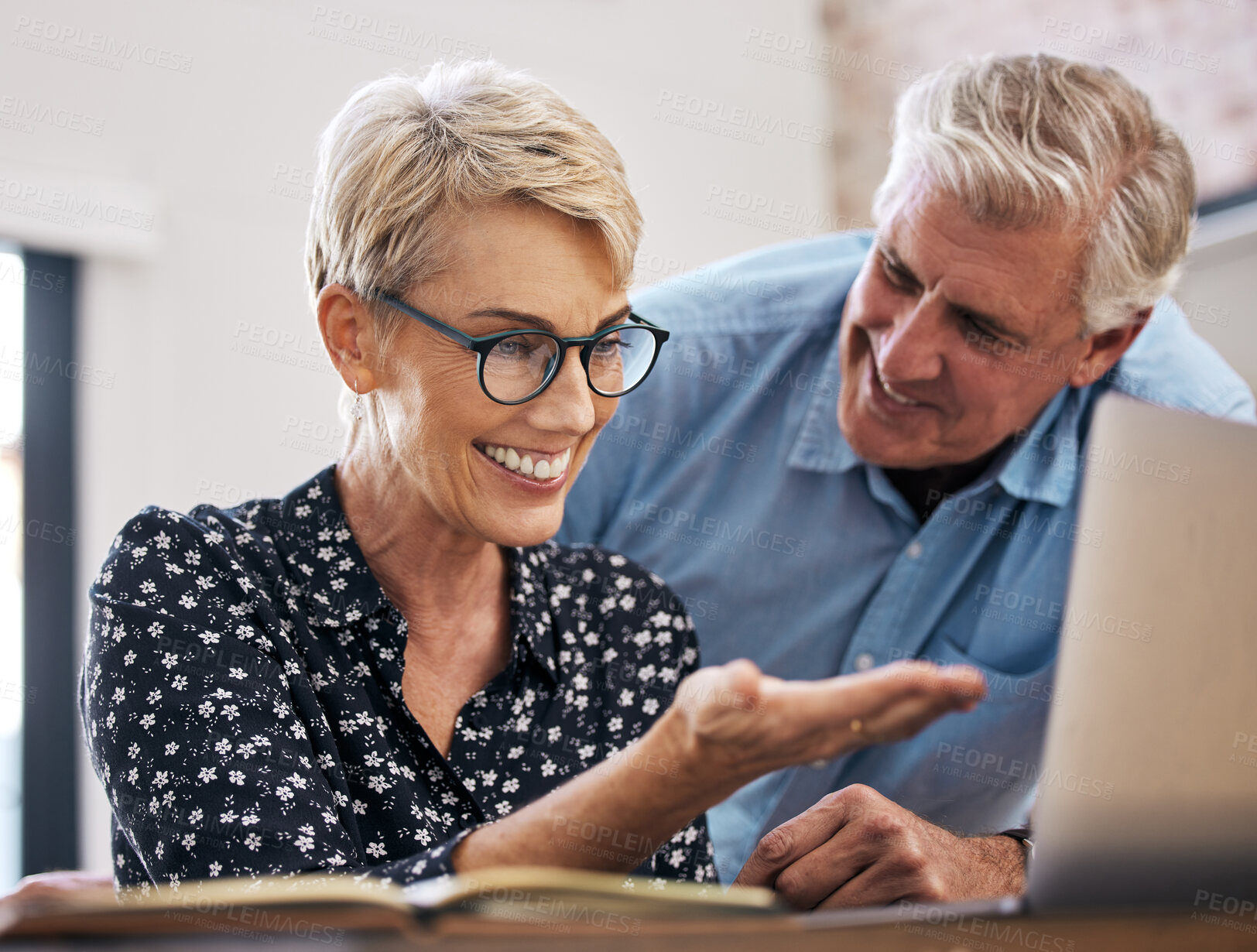 Buy stock photo Mature couple, laptop and smile with excited for retirement, vacation and holiday at home. Woman on computer, man and choices for destinations for trip, browsing and budgeting in living room