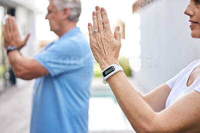 Buy stock photo Yoga, calm and hands of senior couple in garden for mindful, body and spiritual wellness at home. Relax, health and elderly man and woman in retirement with meditation exercise for balance outdoor.