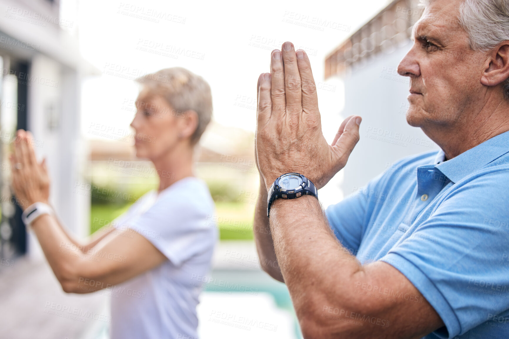 Buy stock photo Meditation, zen and senior couple in garden for mindful, body and spiritual wellness at home. Relax, health and elderly man and woman in retirement with praying yoga exercise for balance outdoor.