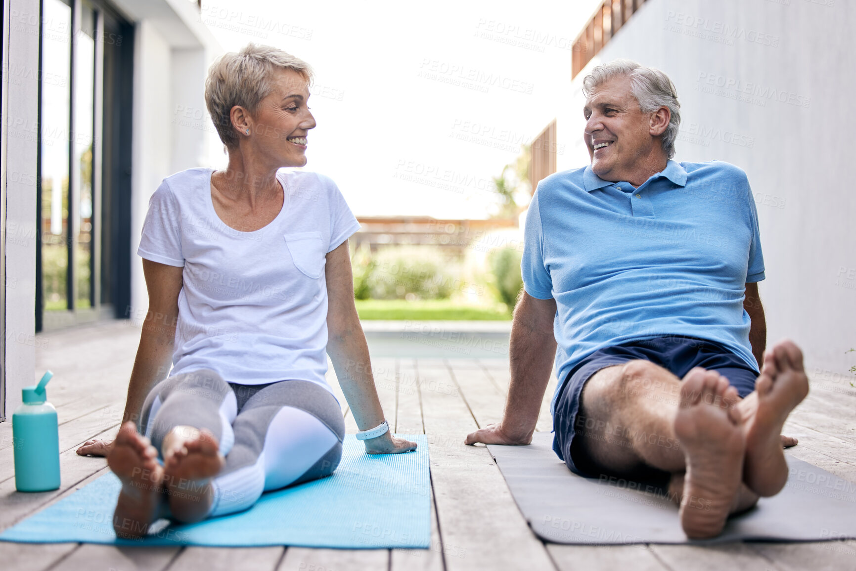 Buy stock photo Old couple, happy and talking after yoga on deck for wellness, workout and exercise in nature. Senior man, woman and smile for healthy, retirement and fitness in garden together for relax or pilates