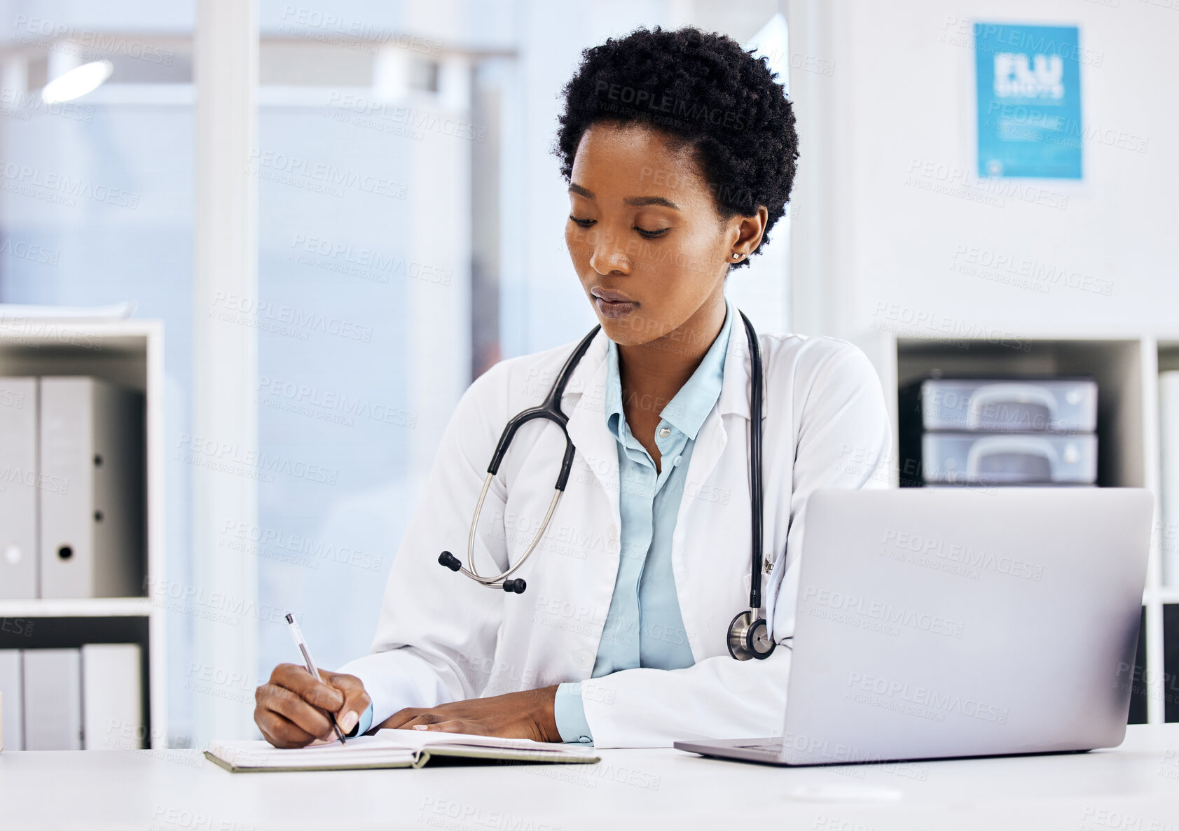 Buy stock photo Medical, writing and doctor with black woman and schedule for planning, expert and research. Medicine, healthcare and report with employee and notebook in clinic for consulting, results and study
