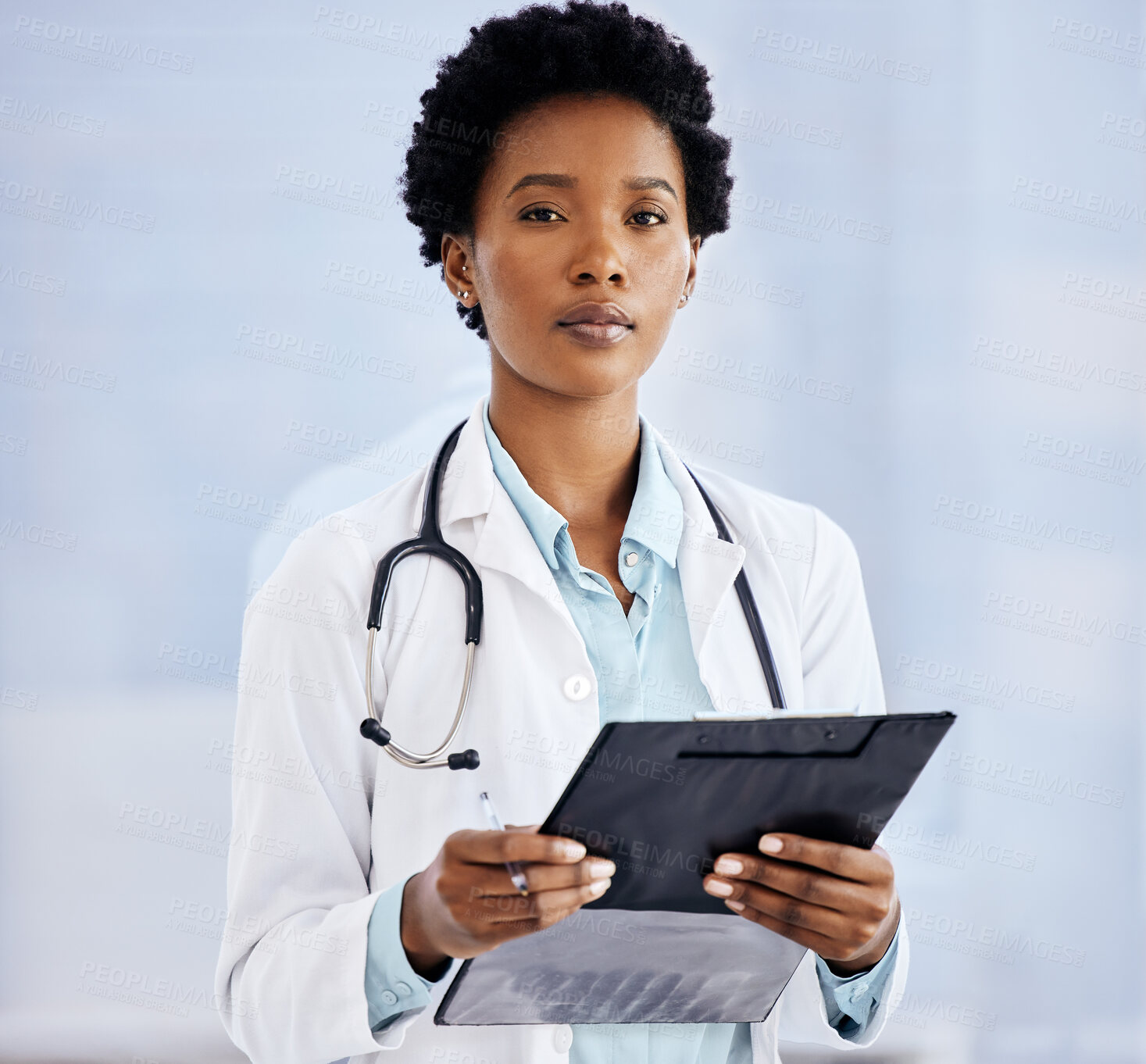 Buy stock photo Portrait, black woman or doctor with clipboard and stethoscope in hospital for results, research and medical advice. Notes, female person or healthcare worker in clinic for patient care and trust