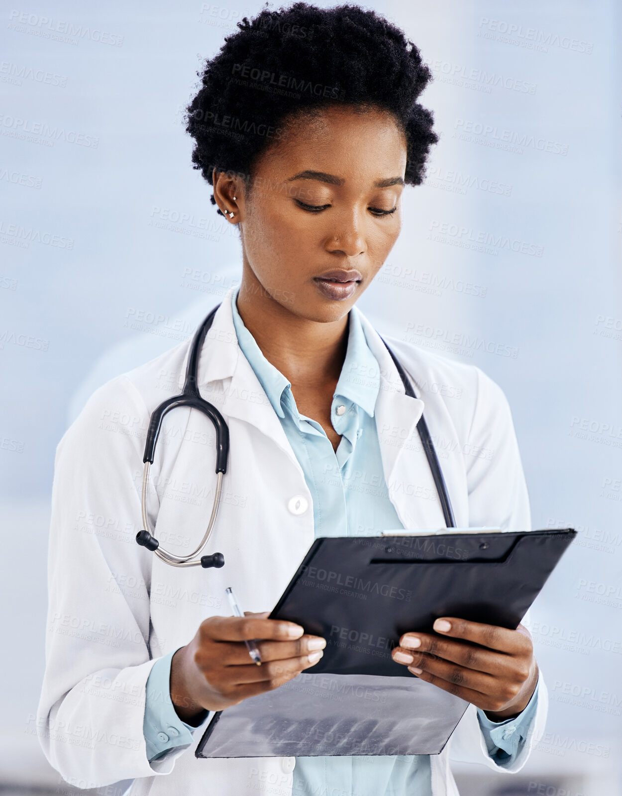 Buy stock photo Clipboard, black woman or doctor with stethoscope in hospital for results, research and medical advice. Notes, female person or healthcare worker in clinic for wellness, patient care and appointment
