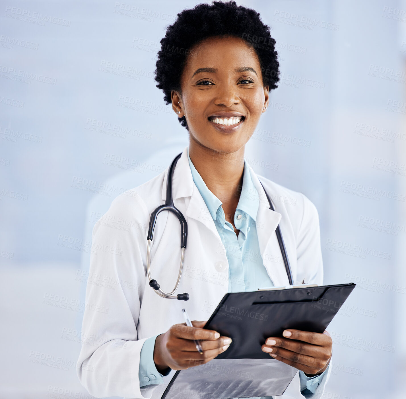 Buy stock photo Portrait, black woman or doctor smiling with clipboard in hospital for results, research and medical advice. Notes, female person or healthcare worker in clinic for patient care and appointment