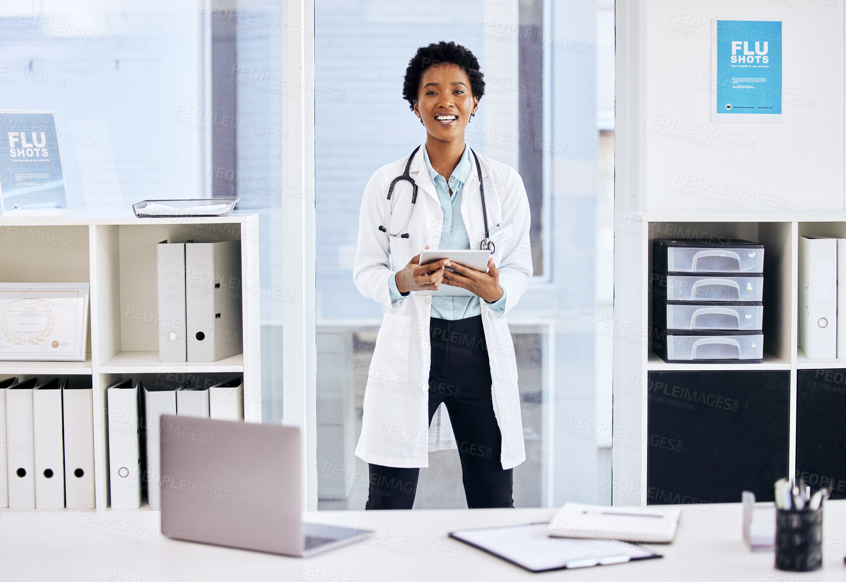 Buy stock photo Portrait, black woman or doctor with tablet and stethoscope in hospital for results, research or medical. Technology, female person or healthcare worker in clinic for expert care or online check