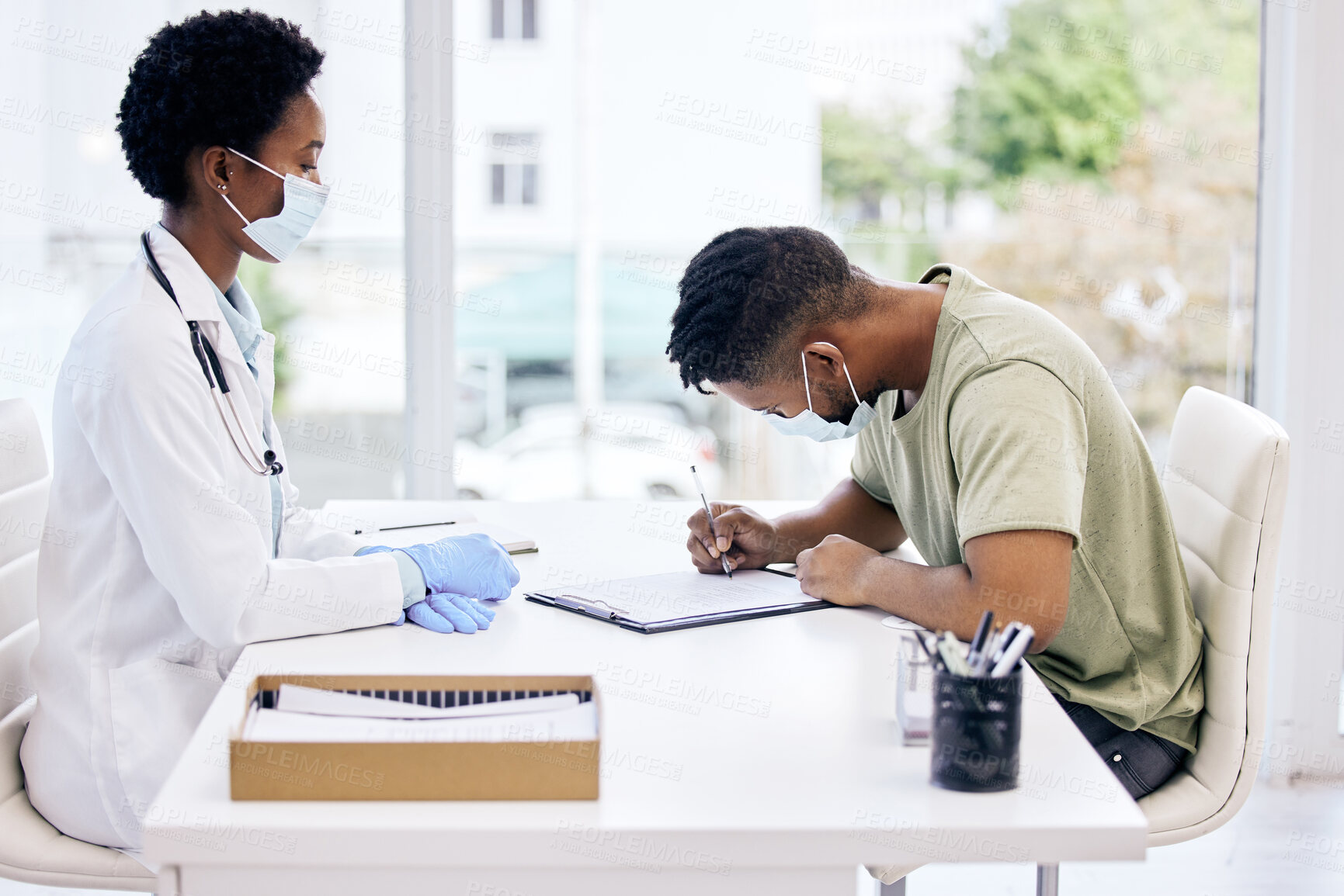 Buy stock photo Doctor, patient and office with signing on contract or form and medical paperwork as procedure for research study. Black people, consultation and document as agreement or consent for support or trust