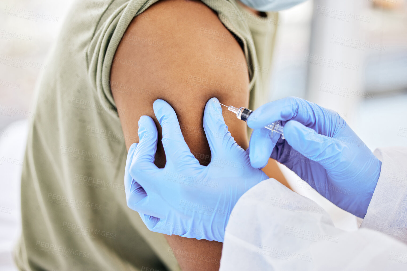 Buy stock photo Hands, doctor and patient in clinic with injection for vaccines, cure and prevention for illness. People, arm and needle syringe for medical care or treatment to support, help and trust in hospital 