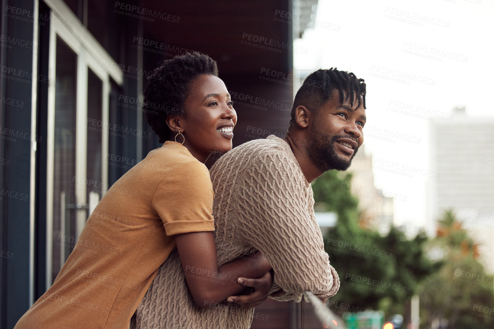 Buy stock photo Love, balcony or happy black couple hug in villa on holiday vacation together with peace, support or view. Relax, home or romantic man with African woman with care, commitment or smile in marriage