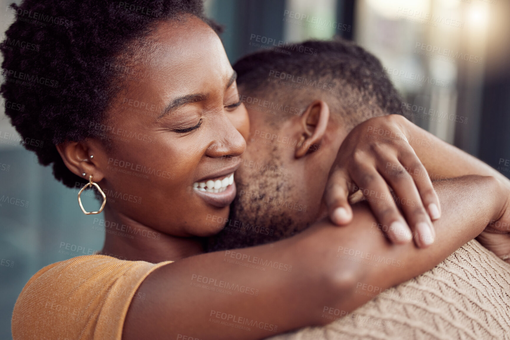 Buy stock photo Love, romance or happy black couple hug in villa on holiday vacation together with peace, support or home. Relax, laugh or romantic man with African woman with care, commitment or smile in marriage