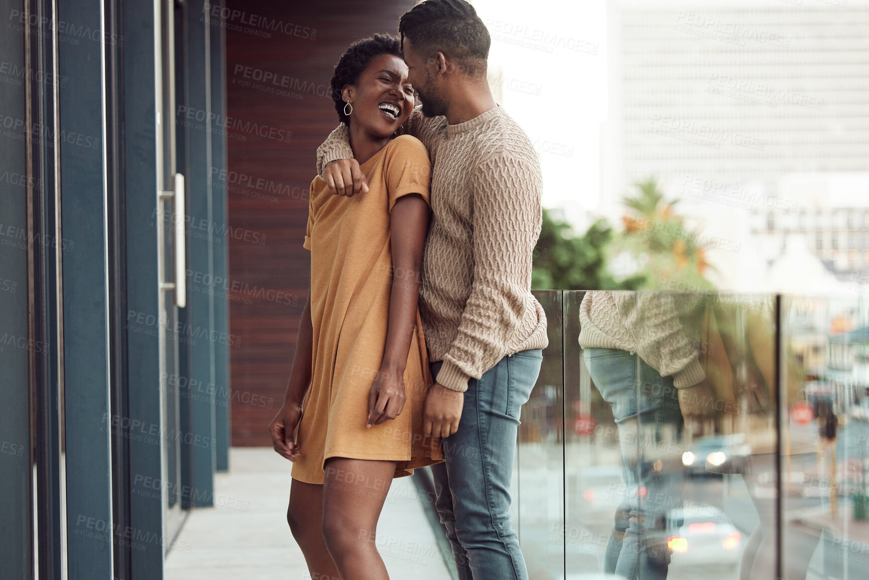 Buy stock photo Romance, balcony or happy black couple hug in hotel on holiday vacation together with city, support or view. Relax, apartment or man with African woman with love, commitment or smile in marriage