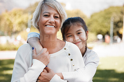 Buy stock photo Girl, grandmother and portrait with happiness in the outdoor on the weekend in nature. Kid, grandma and hug in summer with smile on face for love and family in the garden with pride, care and bond.