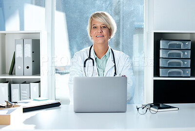 Buy stock photo Woman, doctor and portrait in office with laptop for telehealth, consultation notes and administration. Female cardiology expert, computer and desktop for test results and online healthcare advice