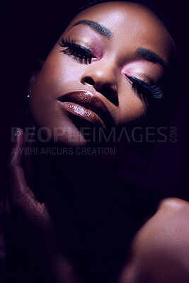 Buy stock photo Beauty, face and glamour with black woman in makeup on dark background for cosmetics or elegance. Eyeshadow, lipstick and mascara with bold model person in studio for african pride or art deco