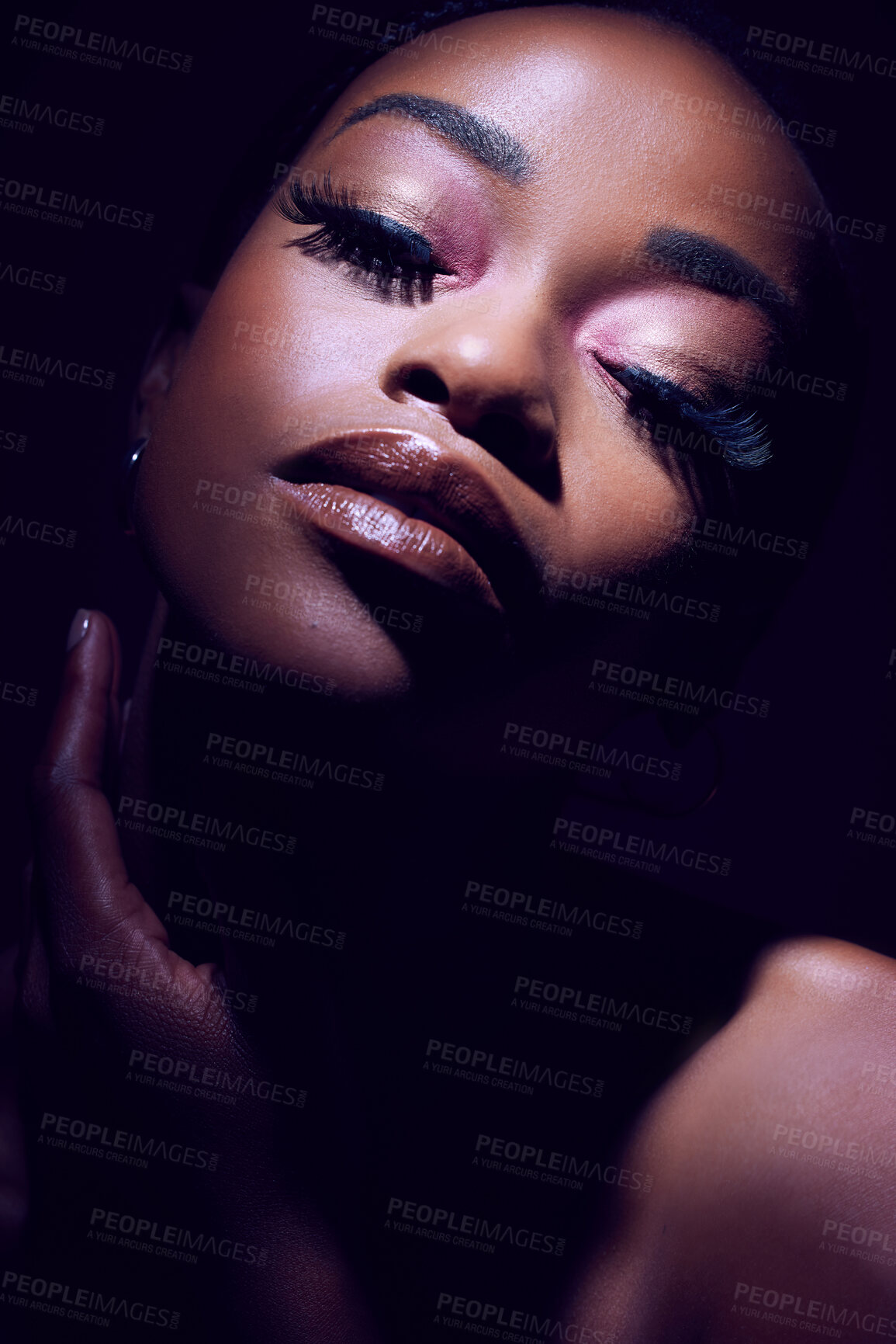 Buy stock photo Beauty, face and glamour with black woman in makeup on dark background for cosmetics or elegance. Eyeshadow, lipstick and mascara with bold model person in studio for african pride or art deco