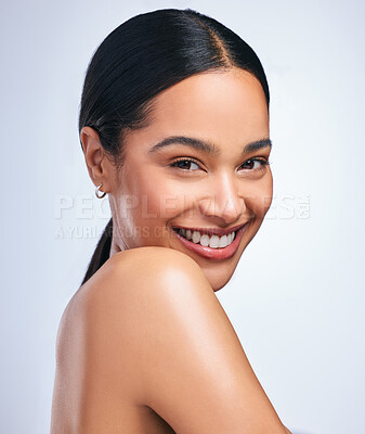 Buy stock photo Woman, skincare and beauty in studio portrait with smile, happiness or natural glow on skin by white background. Girl, model and happy for makeup, cosmetics or youth with wellness, aesthetic or shine