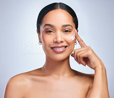 Buy stock photo Beauty cream, woman and portrait of skincare with dermatology and face cleaning. Wellness, lotion and young female model smile with skin glow product and treatment with care and moisturizer in studio