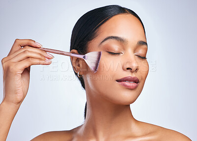 Buy stock photo Woman, makeup brush and blush in studio, beauty and grooming products on white background. Female person, cosmetics tools and foundation or highlighter powder, skincare and facial treatment for glow