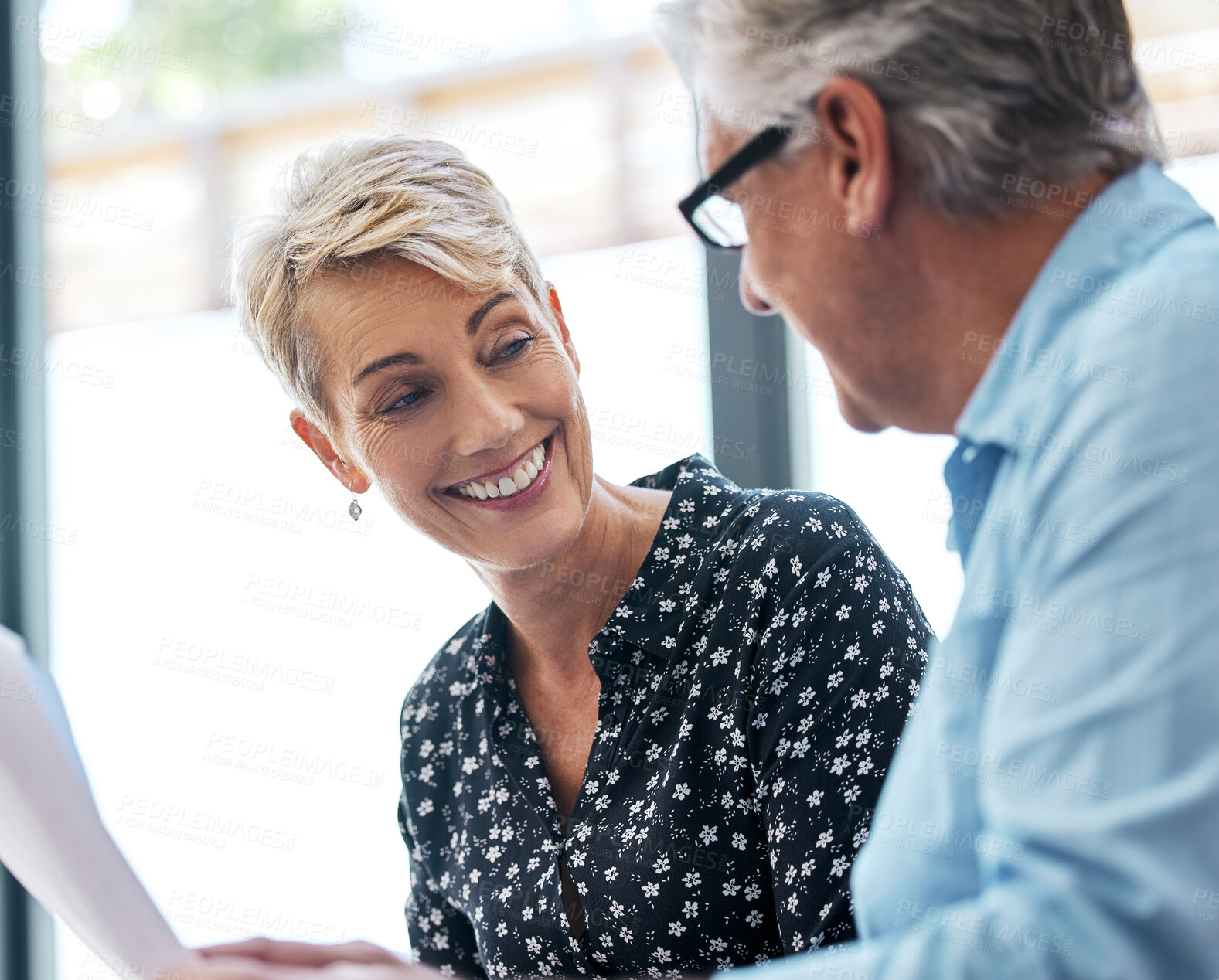 Buy stock photo Mature woman, smile and estate agent in house for discussion, deal and pleased with information about sale. Female client, man and contract or paperwork for retail, planning and advice or consulting